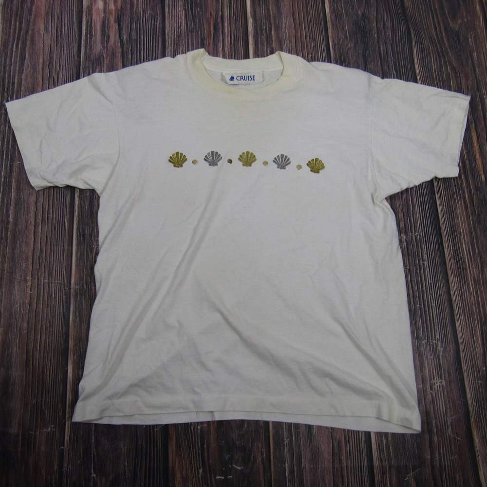 Vintage CRUISE Seashell Graphic Shirt Mens L White Glitter Single Stitch‎ Tee